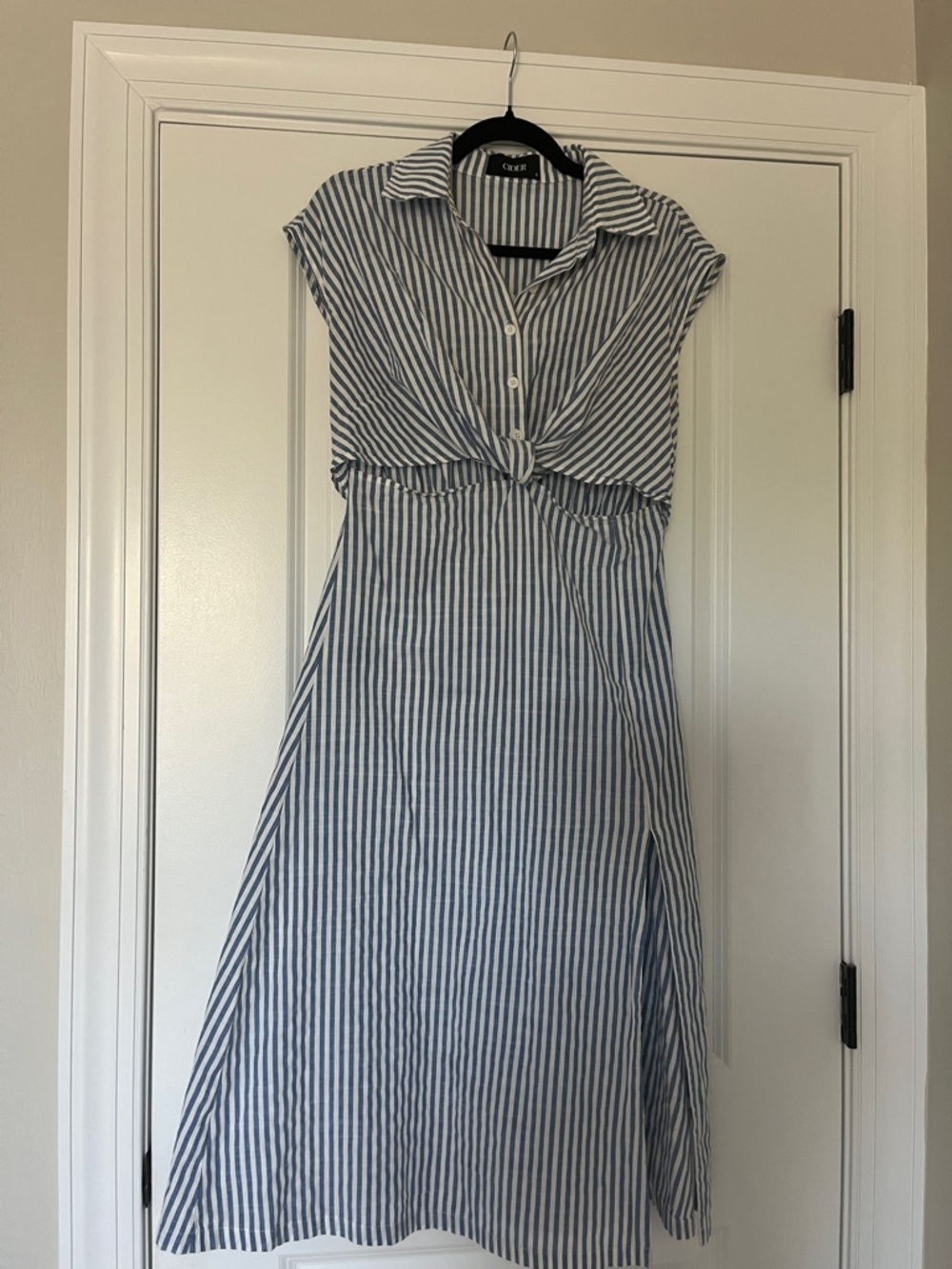 Cider Blue & White Striped Tie-Front Midi Dress